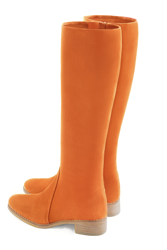 Apricot orange women's riding knee-high boots. Round toe. Low leather soles. Made to measure. Rear view - Florence KOOIJMAN